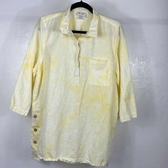 Tru Luxe Jeans linen cotton blend 1/3 button white & yellow tunic top size L - Picture 1 of 9